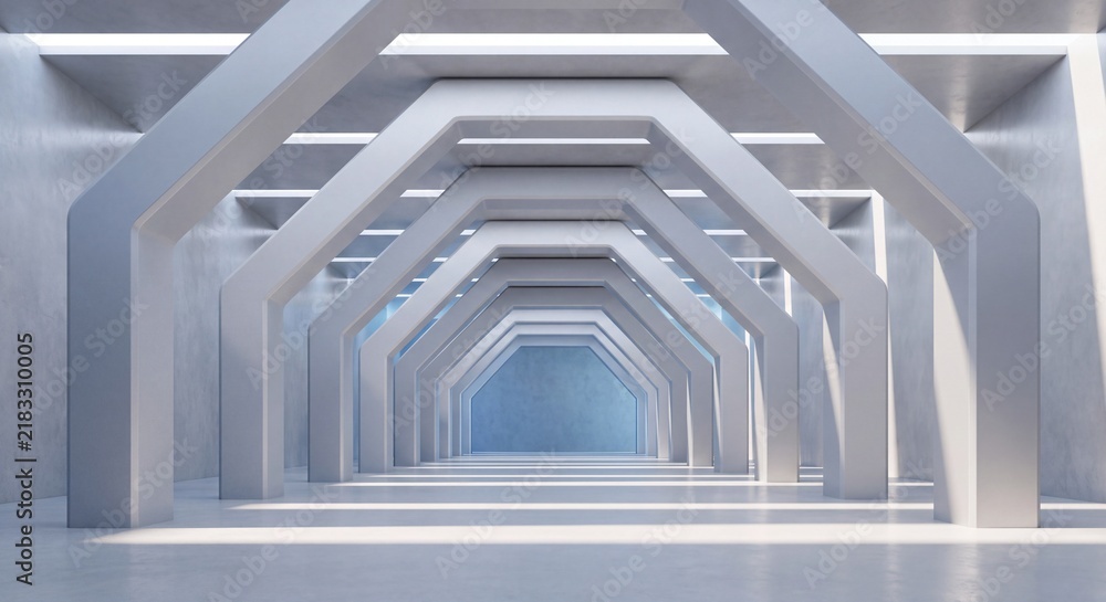 Fototapeta premium Modern abstract architectural corridor with geometric arches and bright perspective view
