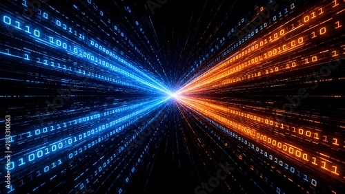 Obraz na płótnie Quantum computing data tunnel of binary numbers rushing toward a central core representing hyperspace digital convergence