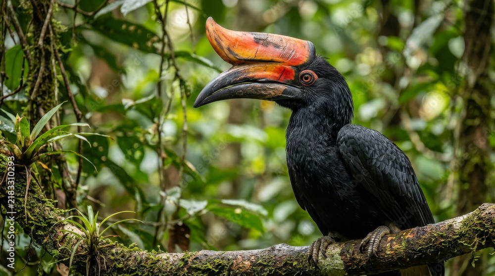 Obraz premium Rhinoceros hornbill perched in jungle. Exotic tropical bird in natural rainforest habitat.