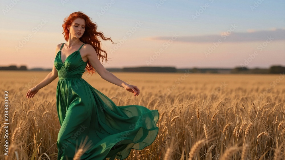 Obraz premium A graceful woman with flowing red hair and a vibrant green gown moves through a vast wheat field under warm evening light.