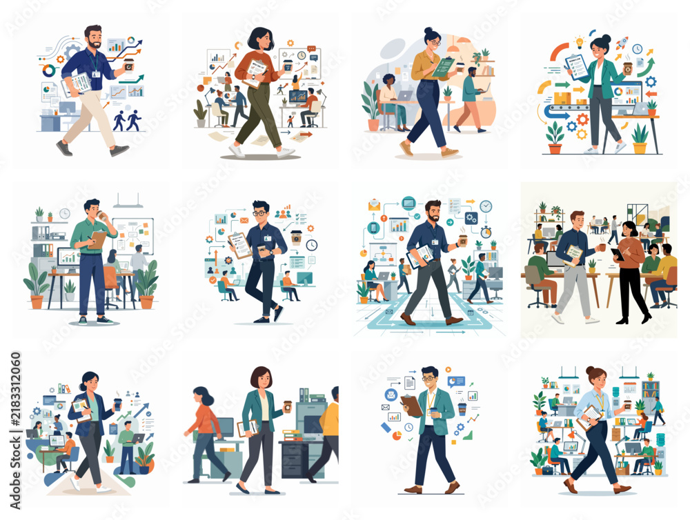 Fototapeta premium Business Professionals Working In Modern Office Environment Vector Set