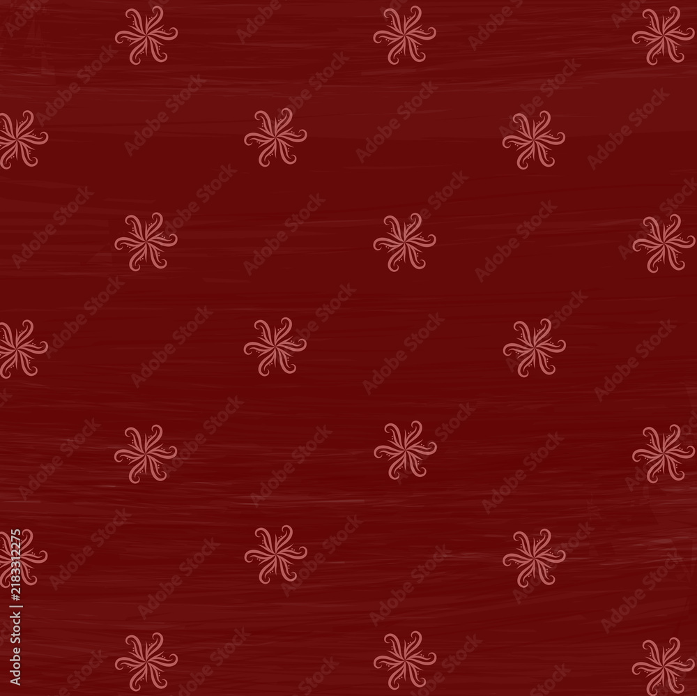 A repeating vector pattern featuring delicate, stylized snowflake or mandala-like symbols in a warm crimson-red color against a dark maroon background.