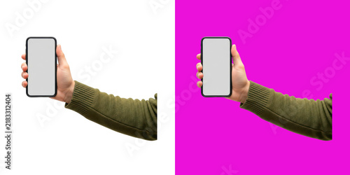 Foto Person hand holding smartphone with blank screen for mockup application display