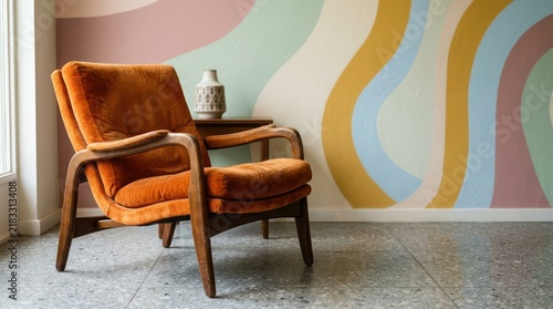 Retro Orange Armchair In Front Of Abstract Pastel Wave Wall