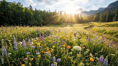 Idyllic Meadow With Wildflowers And Sun Rays In The Alps