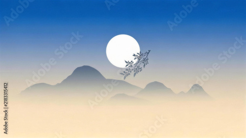 Moon over foggy peaks with branch leaning against it