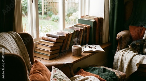 Person reading books by sunny window