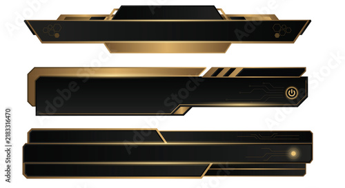 Futuristic luxury gaming lower third vector templates set with golden and black metallic borders. geometric cyber tech UI overlay frames
