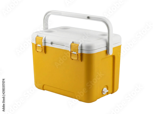 Obraz na plátně Yellow portable hard cooler box with white lid and sturdy ergonomic handle for c