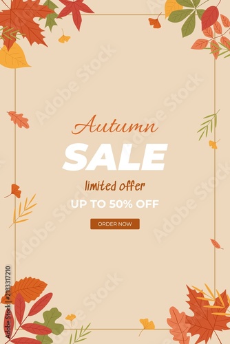 Autumn sale poster with Autumn SALE limited offer UP TO 50 OFF text and ORDER NOW button, framed by colorful fall leaves in red, orange
