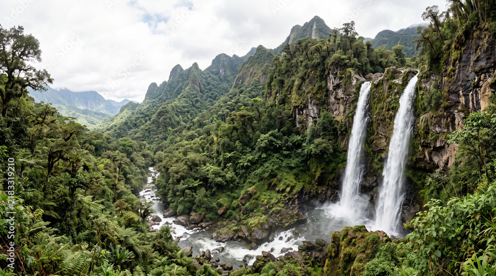 Obraz premium Twin waterfalls in a lush jungle valley.
