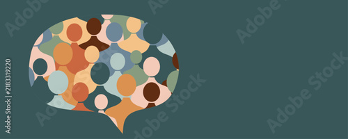 Colourful illustration with people silhouettes in chat bubble. 