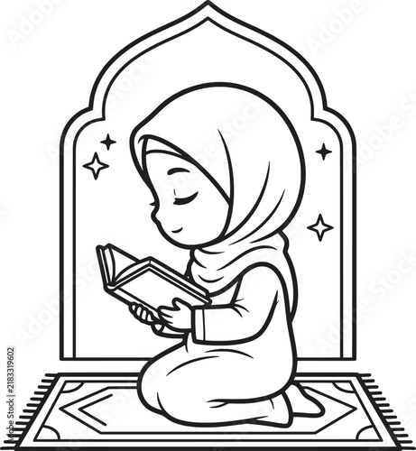 Little girl reading a holy book while kneeling on a prayer rug in a mosque setting for spiritual and religious projects.