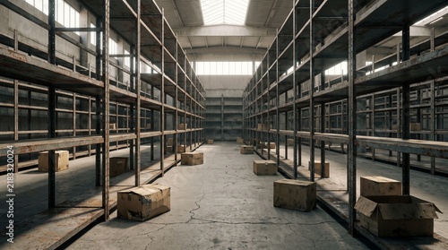 Empty Industrial Warehouse with Tall Steel Storage Shelving Units