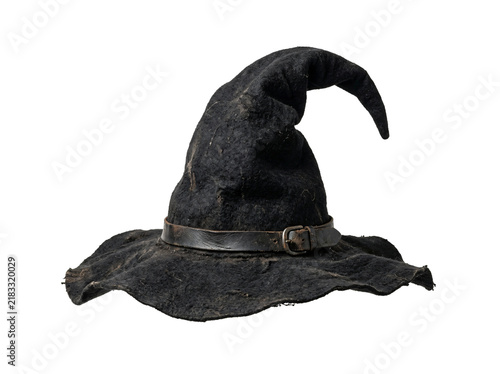 Fotografie Distressed black witch hat featuring a weathered leather belt with aged metal bu