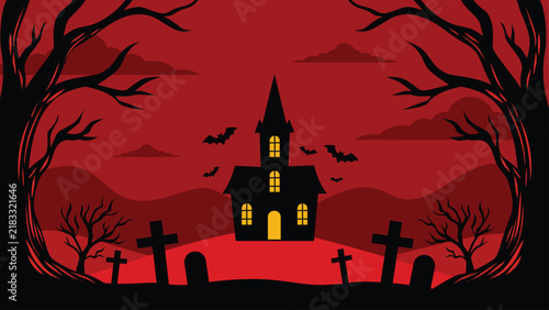 Halloween Haunted House Red Background Vector Illustration