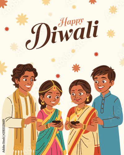Happy Diwali Poster Template Indian Family Diya Vector Illustration