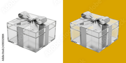 Transparent gift box with silver ribbon bow for holiday surprise and event decoration transparent png