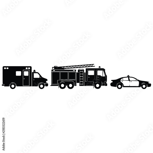 Detailed line art emergency vehicles silhouette with ambulance firetruck and police car.