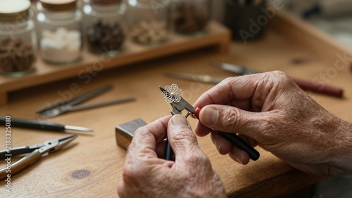 A master craftsman delicately shapes intricate silver filigree using precision tools on a wooden workbench in a warm, focused studio environment.