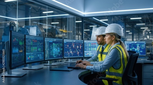 Engineers working in a modern industrial control room monitoring digital data systems