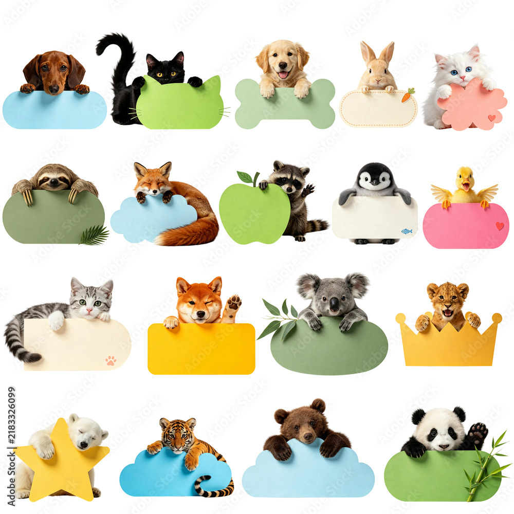 Fototapeta premium Cute Animals Holding Colorful Blank Memo Cards – Adorable Pet and Wild Animal Message Board Collection