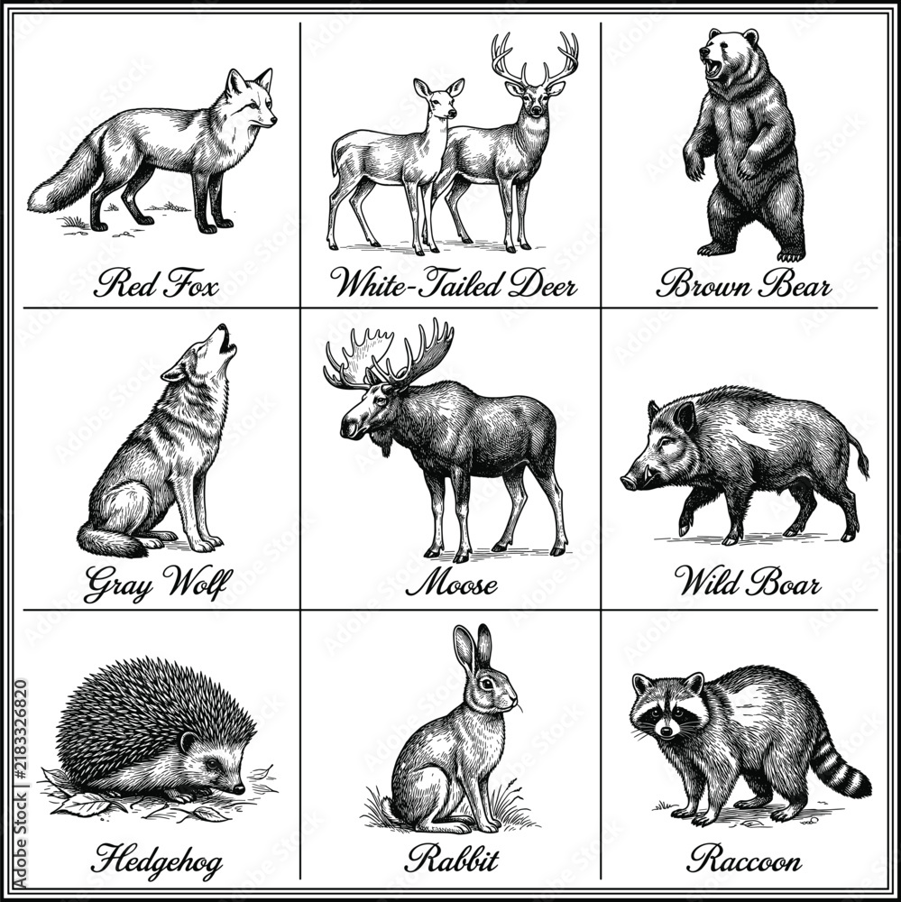 Obraz premium Illustrated collage of North American wildlife animals 