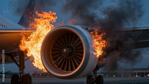 Aircraft jet engine engulfed in flames and smoke during emergency landing attempt.