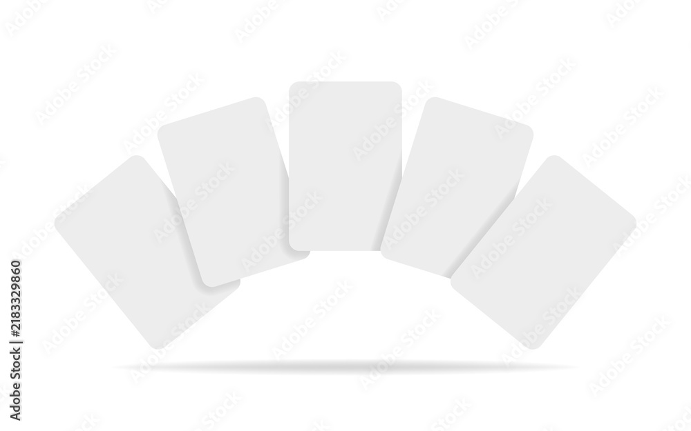 Fototapeta premium Blank mockup of a fan of five playing cards or business cards with soft shadows for design, board game presentations, or creating business cards.