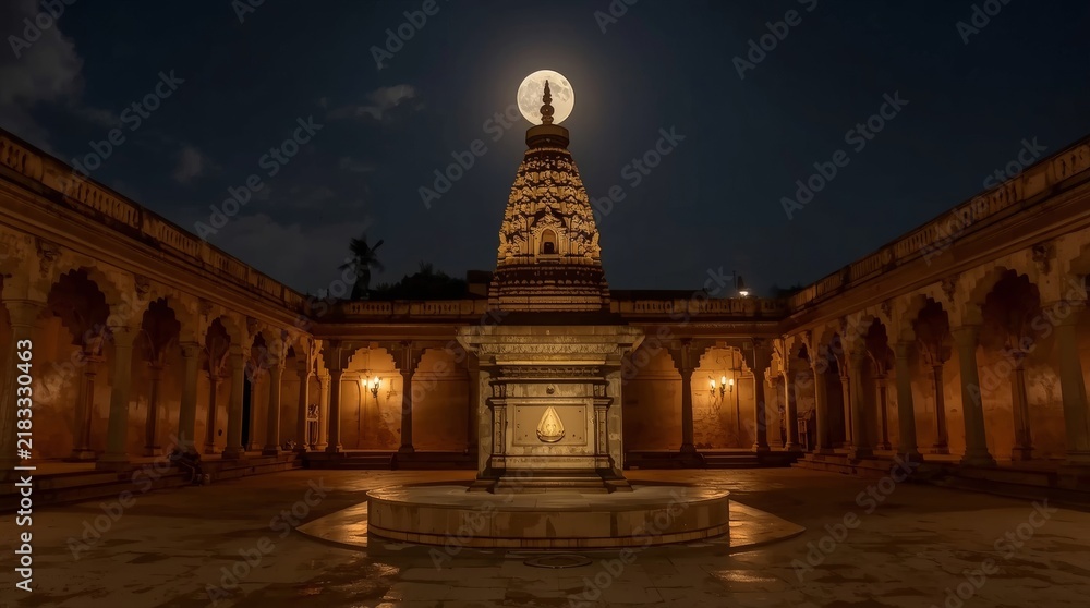 Fototapeta premium Moonlit ancient temple courtyard with intricate central shrine under night sky with culturalheritage