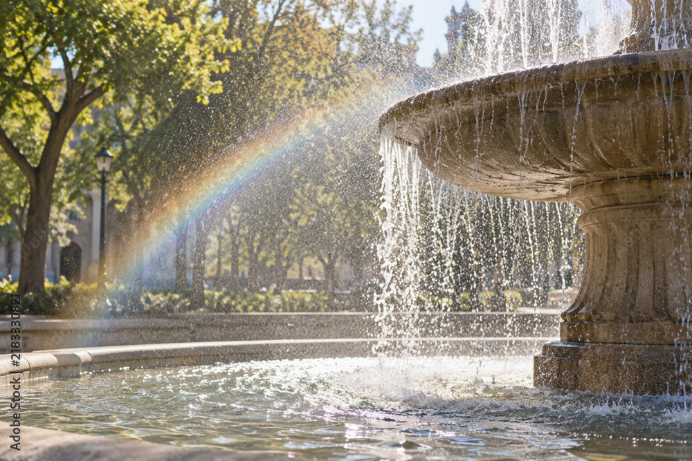 Obraz premium Rainbow forming in the water spray of a sunlit fountain