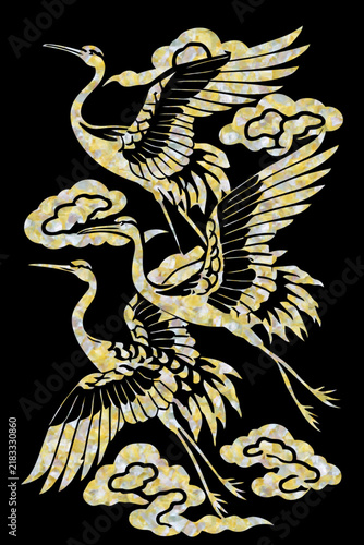 Mother of pearl traditional gold cranes and clouds flying artwork