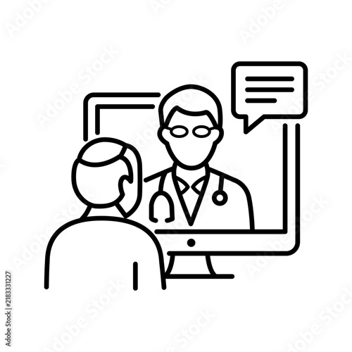 Minimalist line icon depicting a patient sitting in front of a computer screen consulting a doctor online, symbolizing telemedicine, remote healthcare, virtual appointment, and digital diagnosis. 