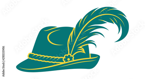 A teal feathered hat with a decorative band is depicted in a vector style