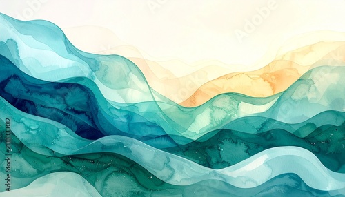 Abstract Watercolor Waves Concentrated along the Lower and Left Edges with Open Copy Space