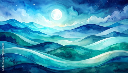 Dreamlike Abstract Watercolor Waves under Soft Moonlight in Midnight Blue and Teal