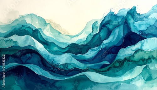 Dynamic Abstract Watercolor Waves Rising and Flowing Dramatically from the Lower Left