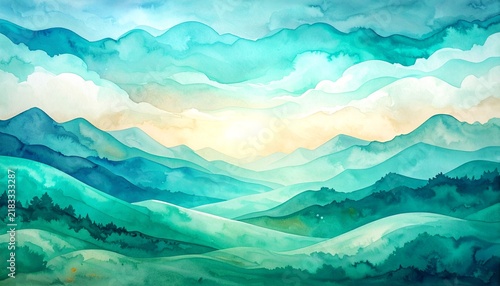 Elegant Abstract Watercolor Landscape with Layered Turquoise and Teal Waves Framing the Scene