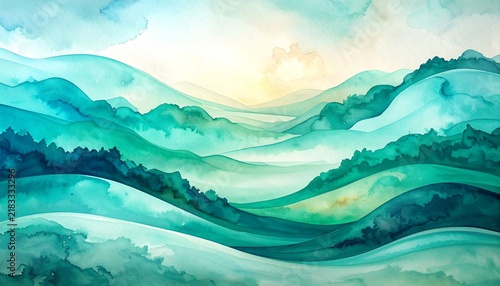 Elegant Abstract Watercolor Landscape with Layered Turquoise and Teal Waves Framing the Scene