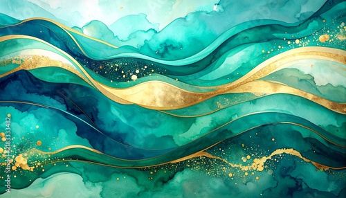 Luxury Abstract Watercolor Waves in Deep Teal and Emerald Accented with Golden Lines
