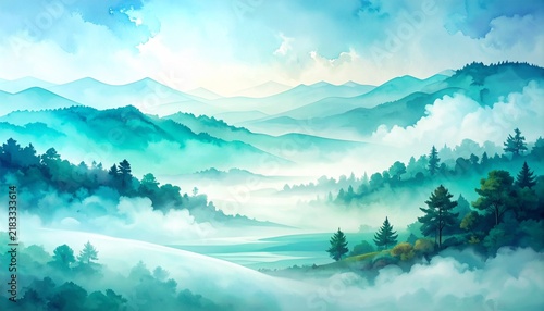 Misty Abstract Watercolor Landscape with Soft Turquoise and Pale Blue Flowing Layers