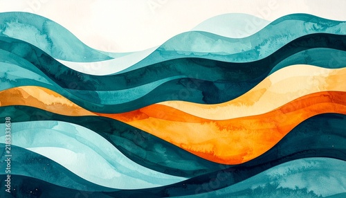 Modern Abstract Watercolor Background with Sweeping Deep Teal Waves and Orange Accent