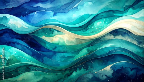 Sophisticated Abstract Watercolor Waves in Deep Navy and Teal with Luminous Highlights