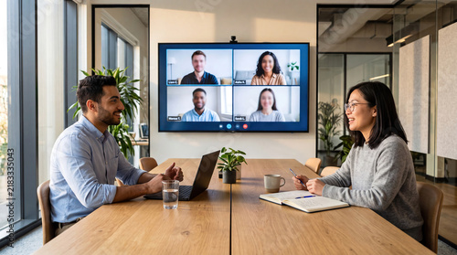 Hybrid business meeting with in-person colleagues and remote team on screen, virtual conference and global collaboration concept in modern office, copy space
