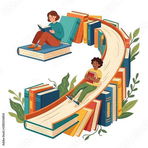 People reading books and sliding down a giant book slide in a whimsical library illustration