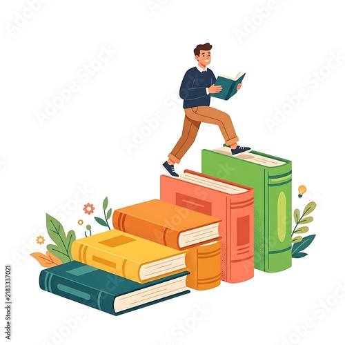 Man climbing stack of books as a metaphor for education, personal growth and career success