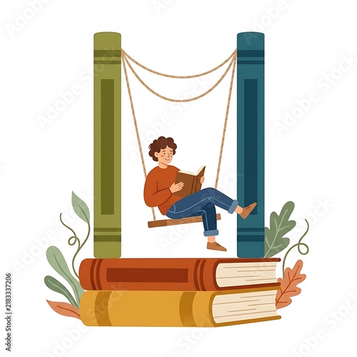 Person reading a book on a swing between giant books illustration