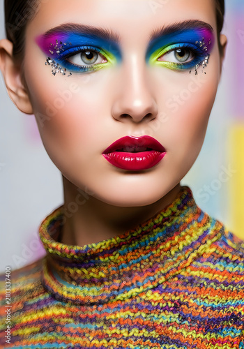 Woman with colorful makeup and bold red lipstick