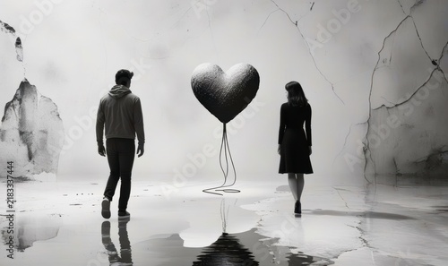 Two figures walk away from a floating heart balloon
