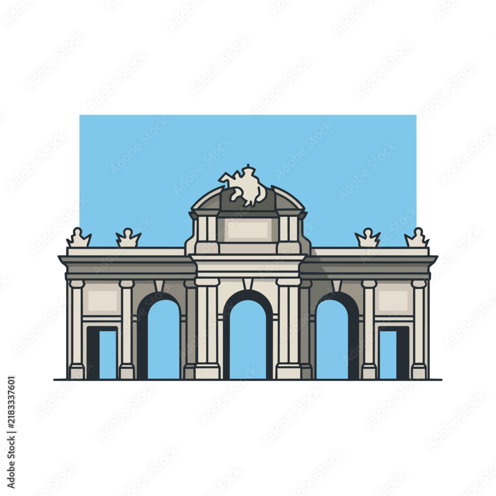 Obraz premium Minimalist vector illustration of the Puerta de Alcalá monument against a clear blue sky, clean geometric shapes, modern graphic aesthetic, isolated on a white background.